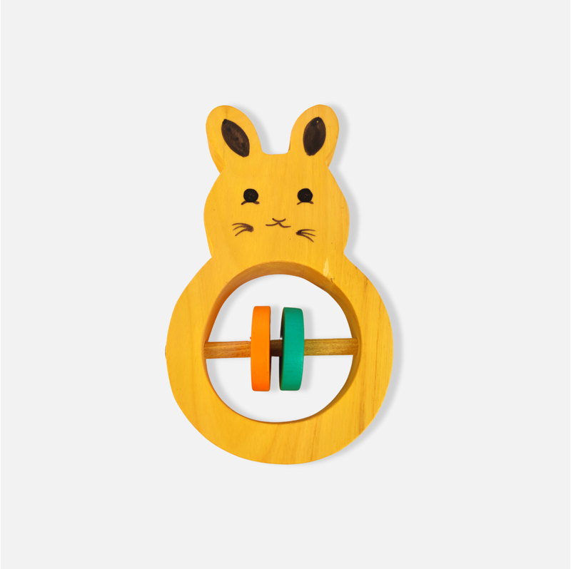 Wooden Rabbit Shaped Rattle with Colorful Rings