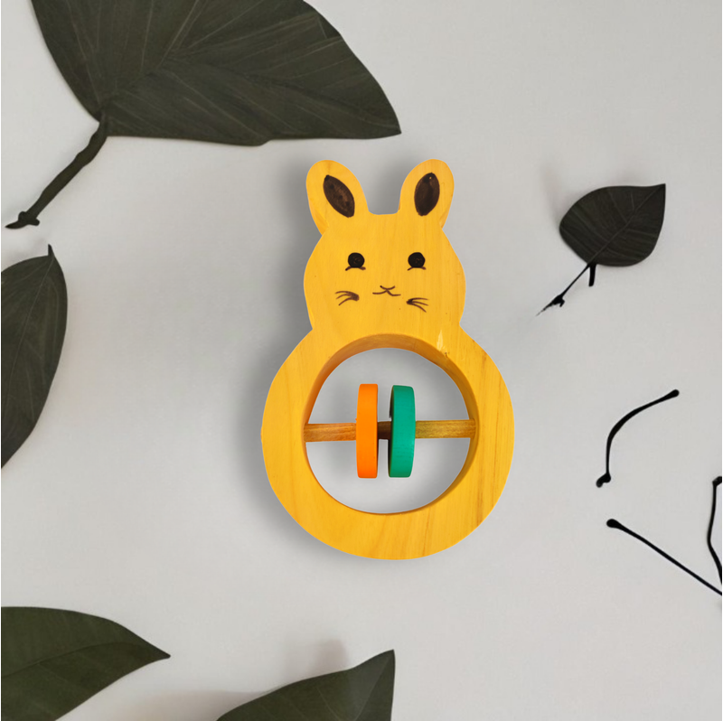 Wooden Rabbit Shaped Rattle with Colorful Rings