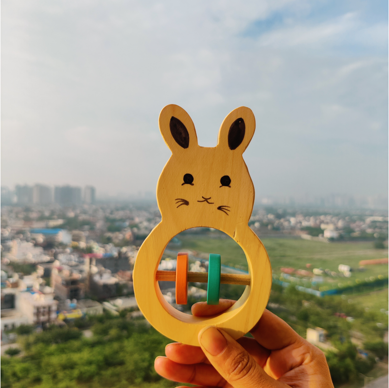 Wooden Rabbit Shaped Rattle with Colorful Rings