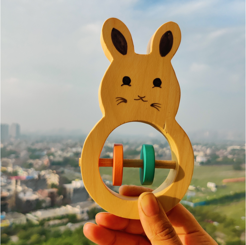 Wooden Rabbit Shaped Rattle with Colorful Rings