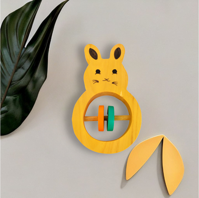 Wooden Rabbit Shaped Rattle with Colorful Rings