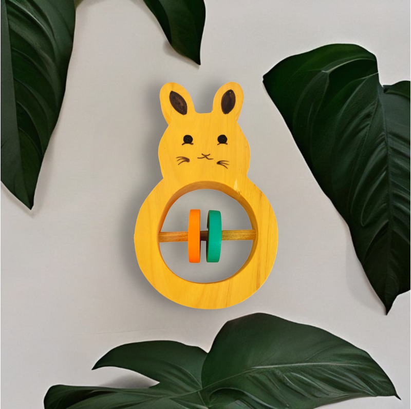 Wooden Rabbit Shaped Rattle with Colorful Rings