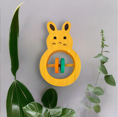 Wooden Rabbit Shaped Rattle with Colorful Rings