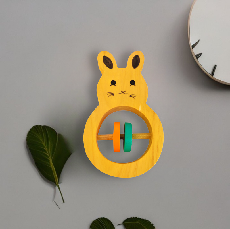 Wooden Rabbit Shaped Rattle with Colorful Rings