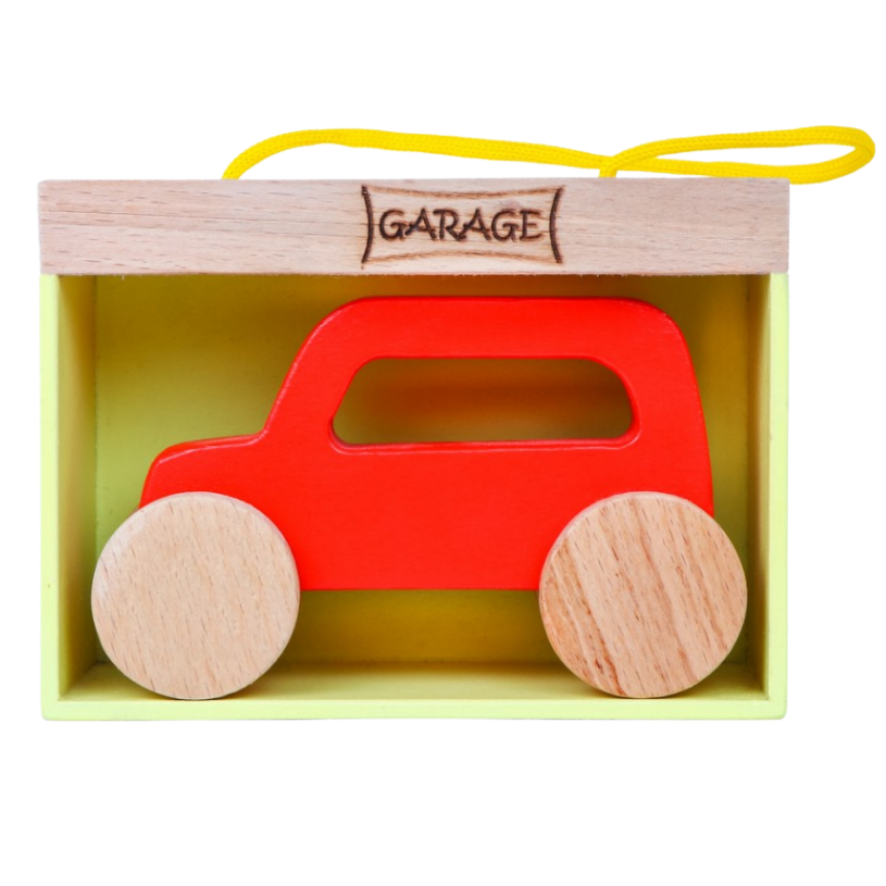 Wooden Red Jeep Toy With Garage