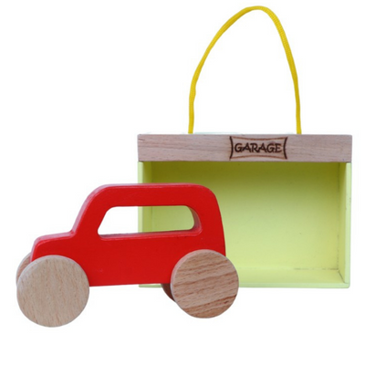 Wooden Red Jeep Toy With Garage