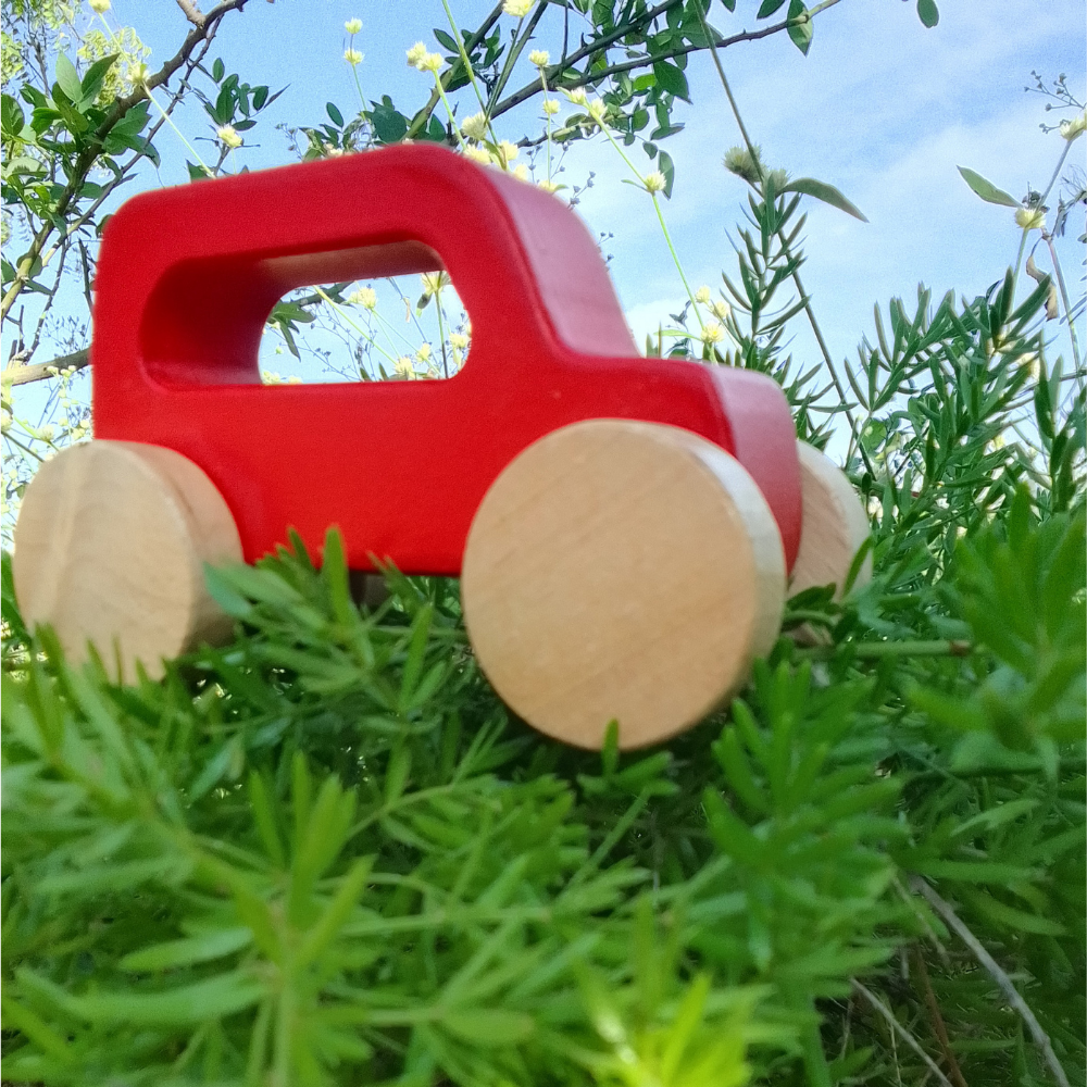 Wooden Red Jeep Toy With Garage