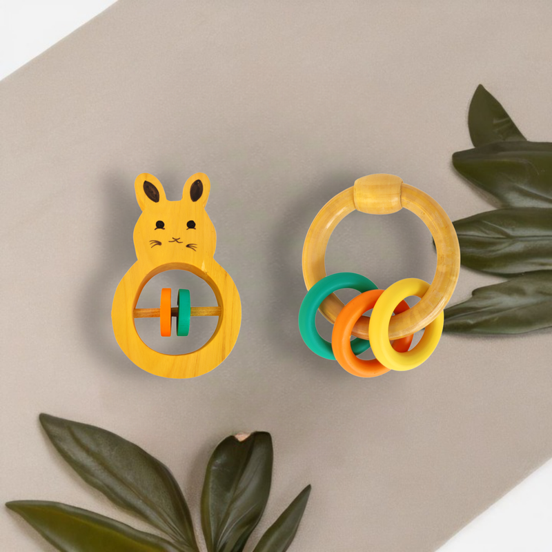 Wooden Rabbit Rattle and Colorful Ring Rattle