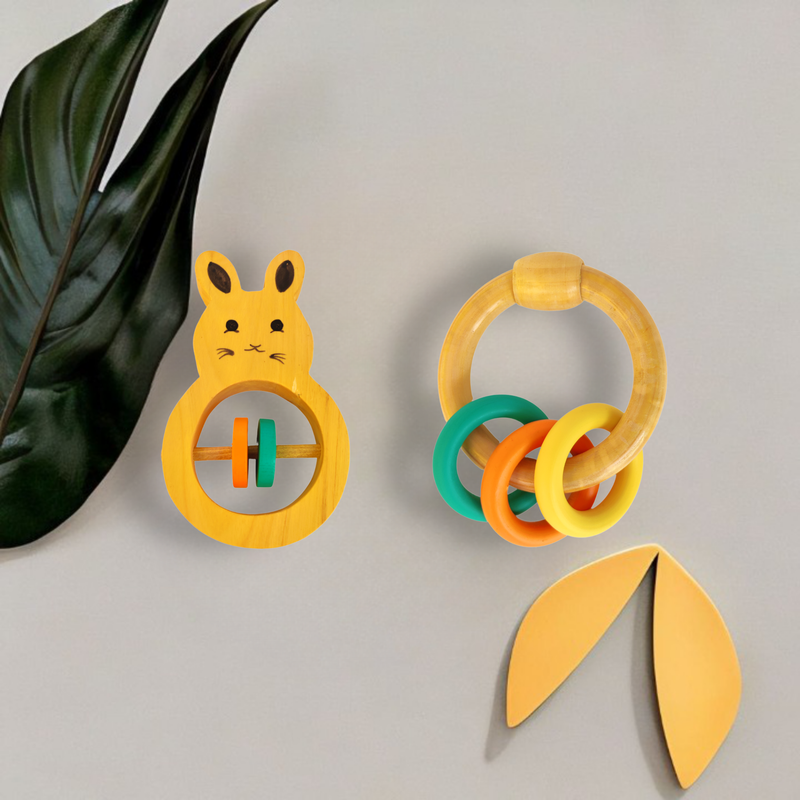 Wooden Rabbit Rattle and Colorful Ring Rattle