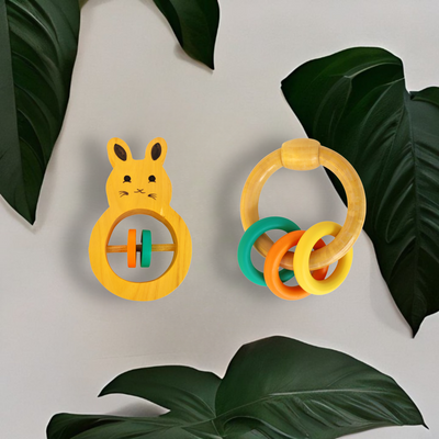 Wooden Rabbit Rattle and Colorful Ring Rattle