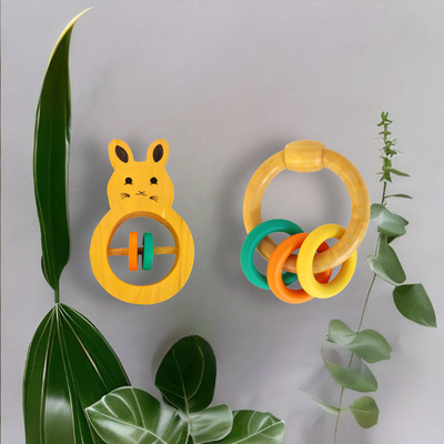 Wooden Rabbit Rattle and Colorful Ring Rattle