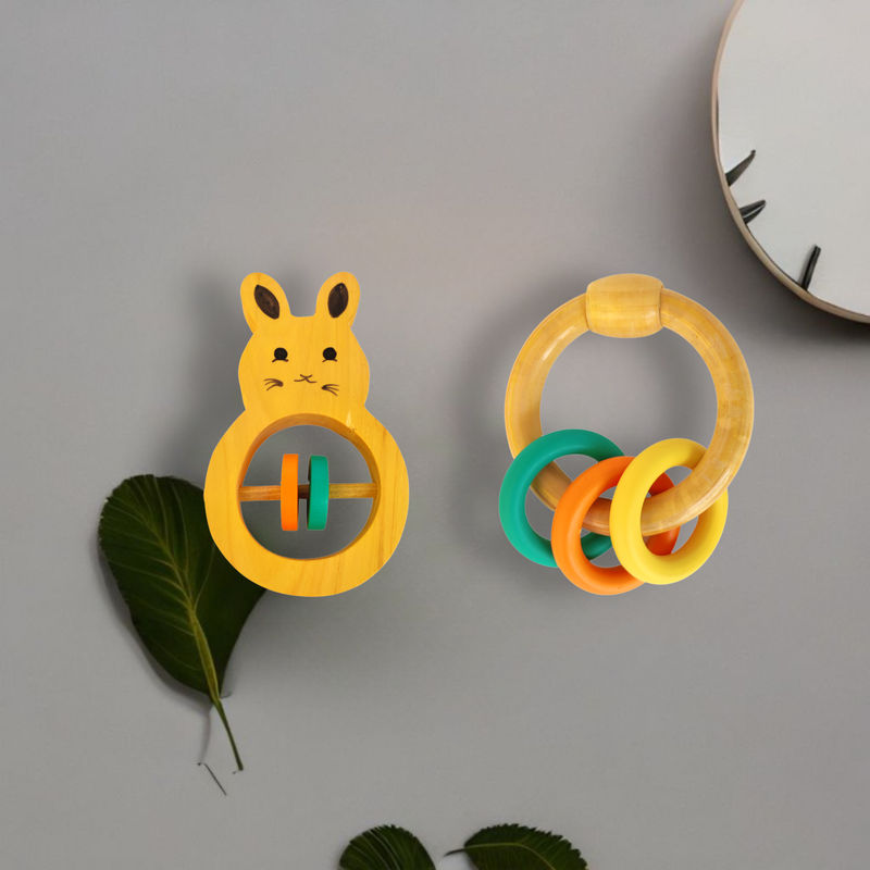 Wooden Rabbit Rattle and Colorful Ring Rattle