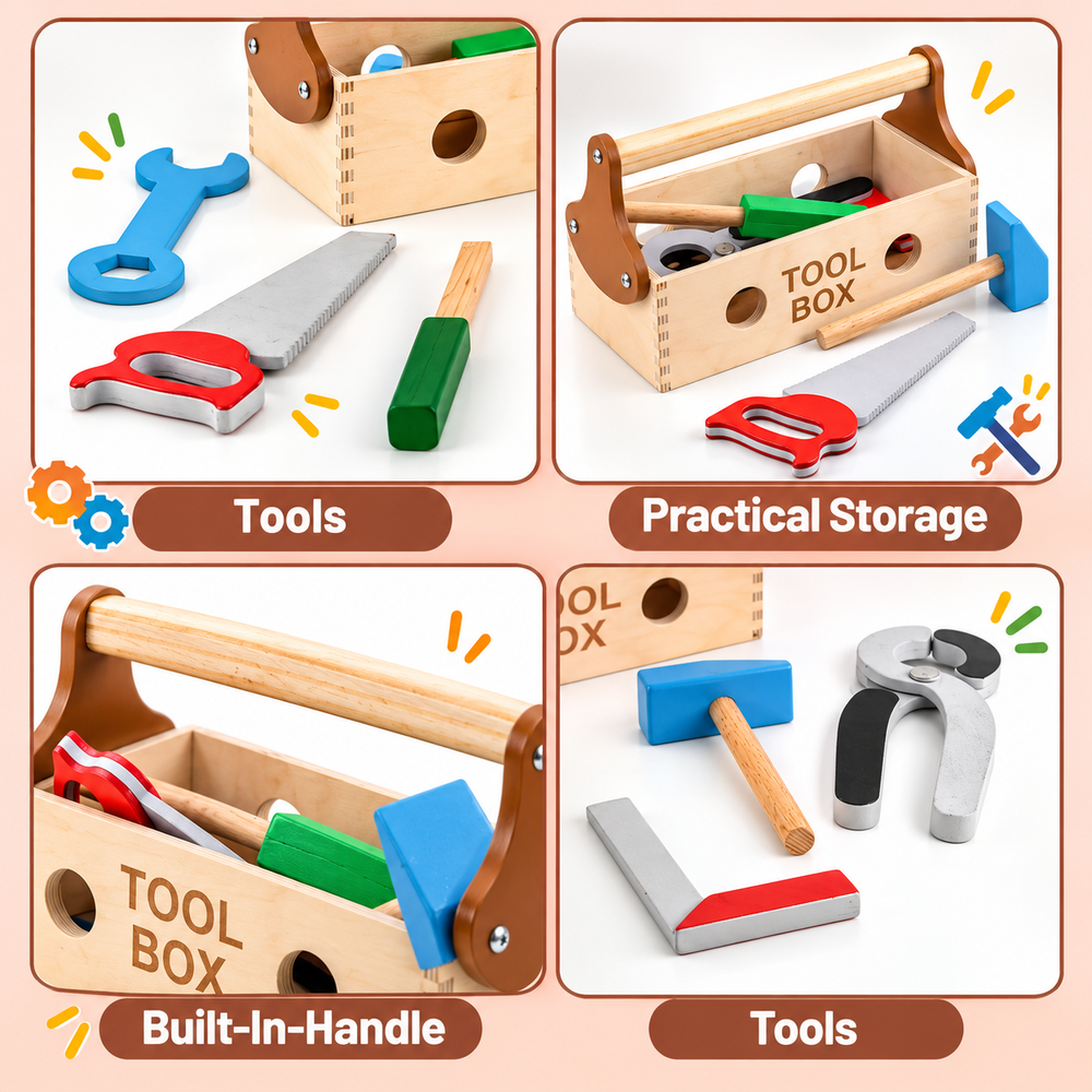 Chanak Wooden Tool Kit Pretend Playset for Kids - 7 Pieces | Montessori Construction Toy Box