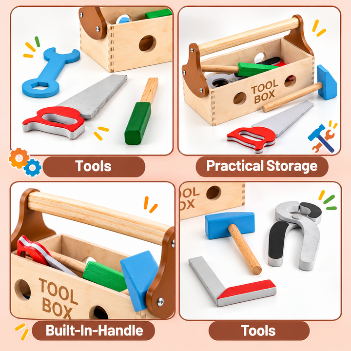 Chanak Wooden Tool Kit Pretend Playset for Kids - 7 Pieces | Montessori Construction Toy Box
