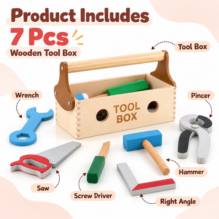 Chanak Wooden Tool Kit Pretend Playset for Kids - 7 Pieces | Montessori Construction Toy Box