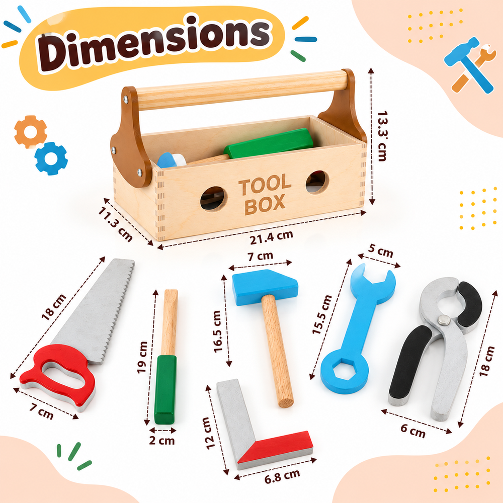 Chanak Wooden Tool Kit Pretend Playset for Kids - 7 Pieces | Montessori Construction Toy Box