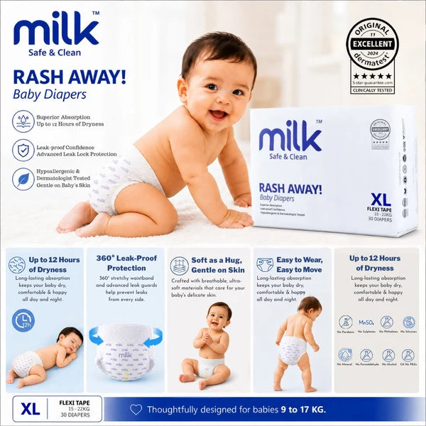 Milk Size-XL Baby Diaper Flexi Tape | 30 Pieces | 15–22 kg