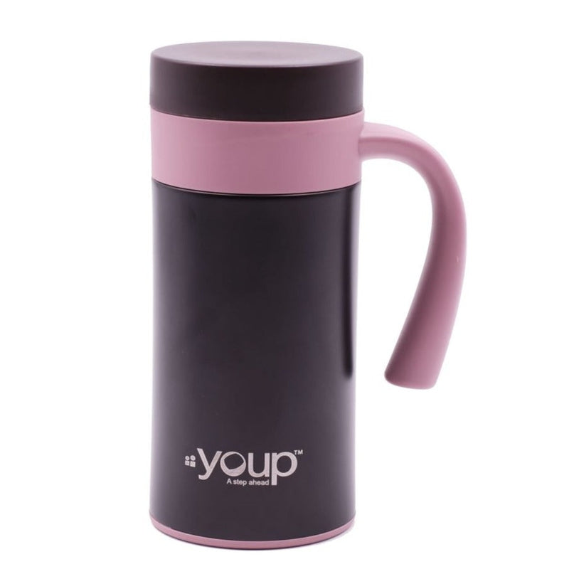 Youp Thermosteel insulated pink and brown color coffee mug with side handle - 400 ml