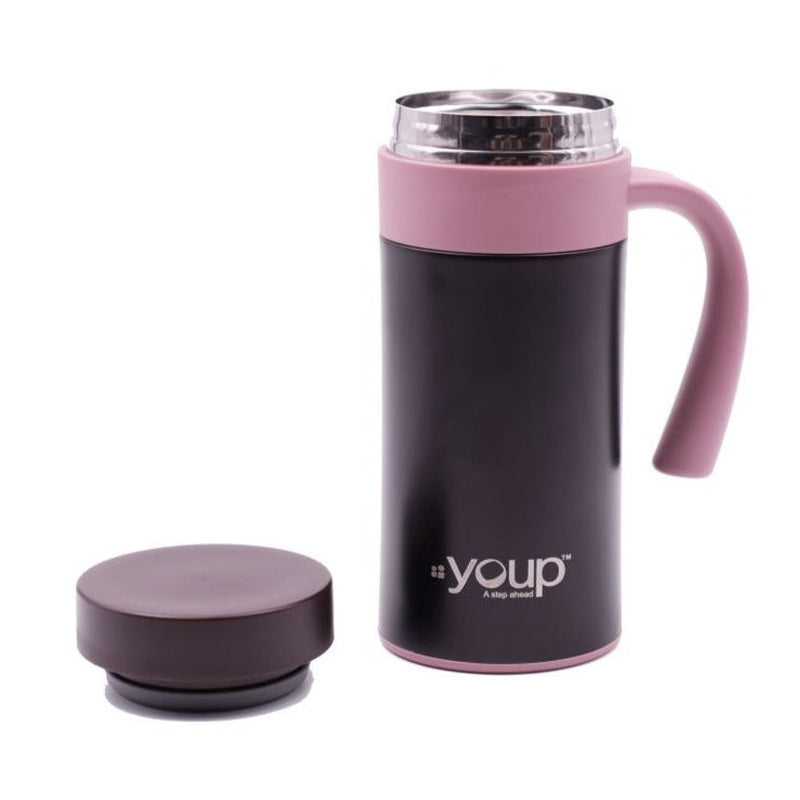 Youp Thermosteel insulated pink and brown color coffee mug with side handle - 400 ml