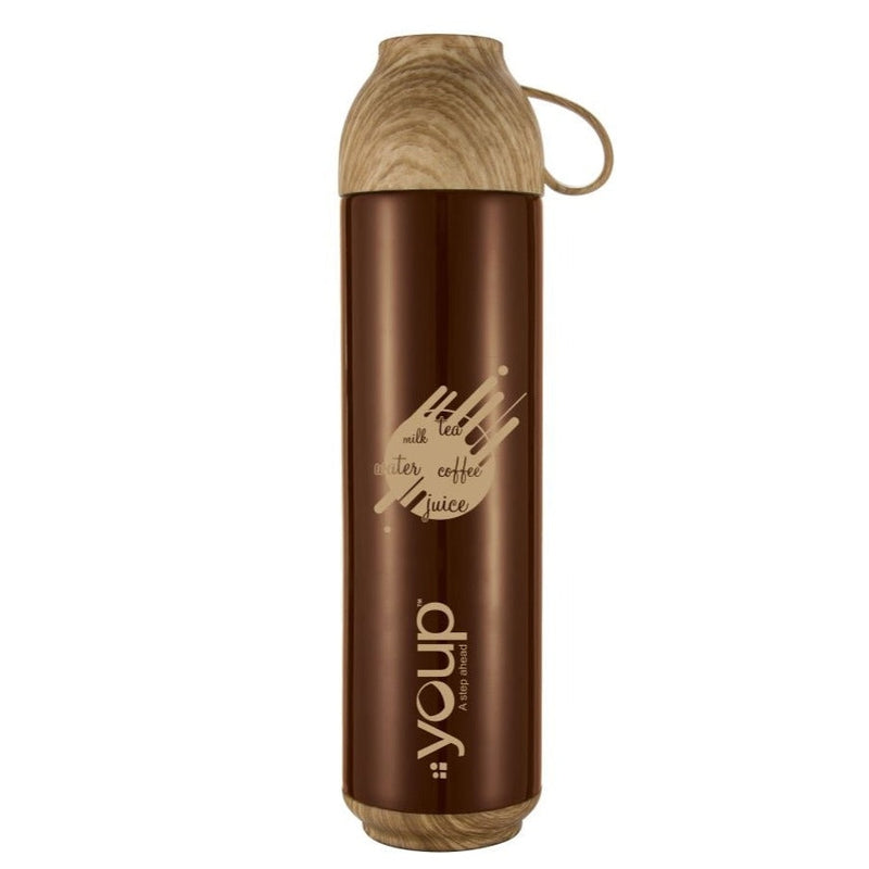 Youp Thermosteel Insulated Brown Color Water Bottle with handle containing cup cap - 500 ml