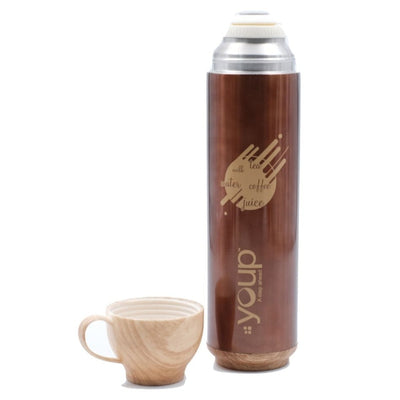 Youp Thermosteel Insulated Brown Color Water Bottle with handle containing cup cap - 500 ml