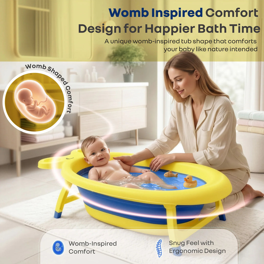 R for Rabbit Bubble Double Finzy Baby Bathtub – Yellow Blue | Foldable Cocoon Design & Anti-Skid Base | Quick Drain Plug & Space-Saving