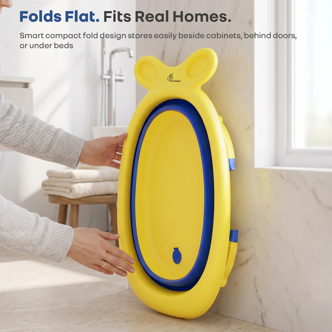 R for Rabbit Bubble Double Finzy Baby Bathtub – Yellow Blue | Foldable Cocoon Design & Anti-Skid Base | Quick Drain Plug & Space-Saving