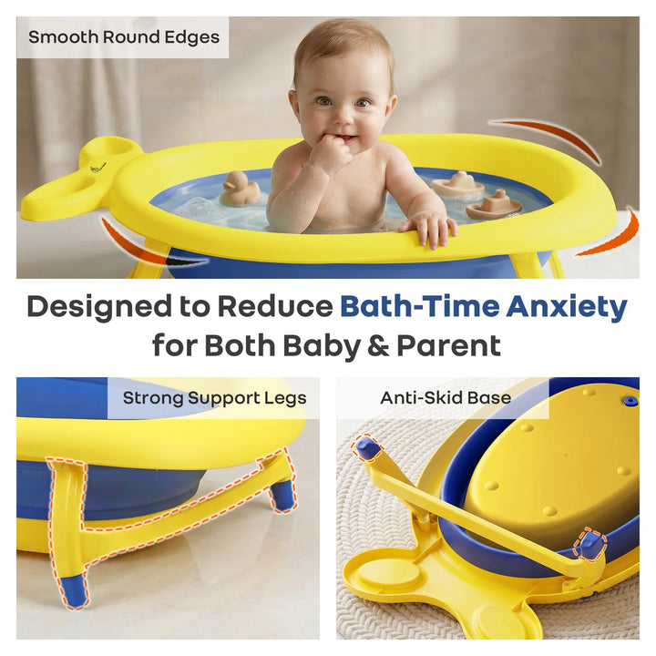 R for Rabbit Bubble Double Finzy Baby Bathtub – Yellow Blue | Foldable Cocoon Design & Anti-Skid Base | Quick Drain Plug & Space-Saving
