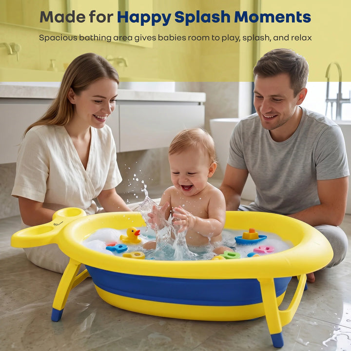 R for Rabbit Bubble Double Finzy Baby Bathtub – Yellow Blue | Foldable Cocoon Design & Anti-Skid Base | Quick Drain Plug & Space-Saving