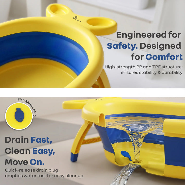 R for Rabbit Bubble Double Finzy Baby Bathtub – Yellow Blue | Foldable Cocoon Design & Anti-Skid Base | Quick Drain Plug & Space-Saving
