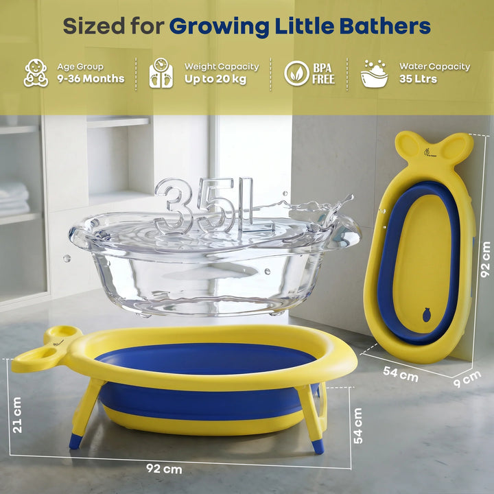 R for Rabbit Bubble Double Finzy Baby Bathtub – Yellow Blue | Foldable Cocoon Design & Anti-Skid Base | Quick Drain Plug & Space-Saving