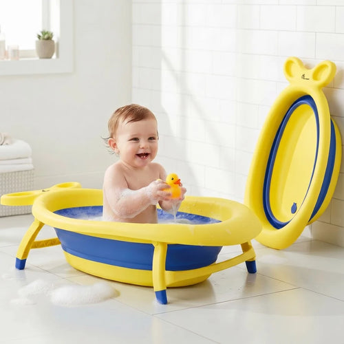 R for Rabbit Bubble Double Finzy Baby Bathtub – Yellow Blue | Foldable Cocoon Design & Anti-Skid Base | Quick Drain Plug & Space-Saving