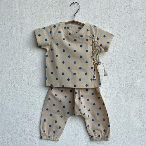Whitewater Cotton Polka Angarakha and Polka Pajama Pants Set | Indigo Beige