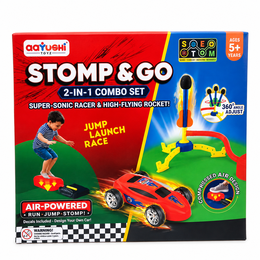 Aayushi Stomp & Go 2-in-1 Combo Set | Air-Powered Racer Car & High-Flying Rocket Toy | STEM Activity Toy for Kids