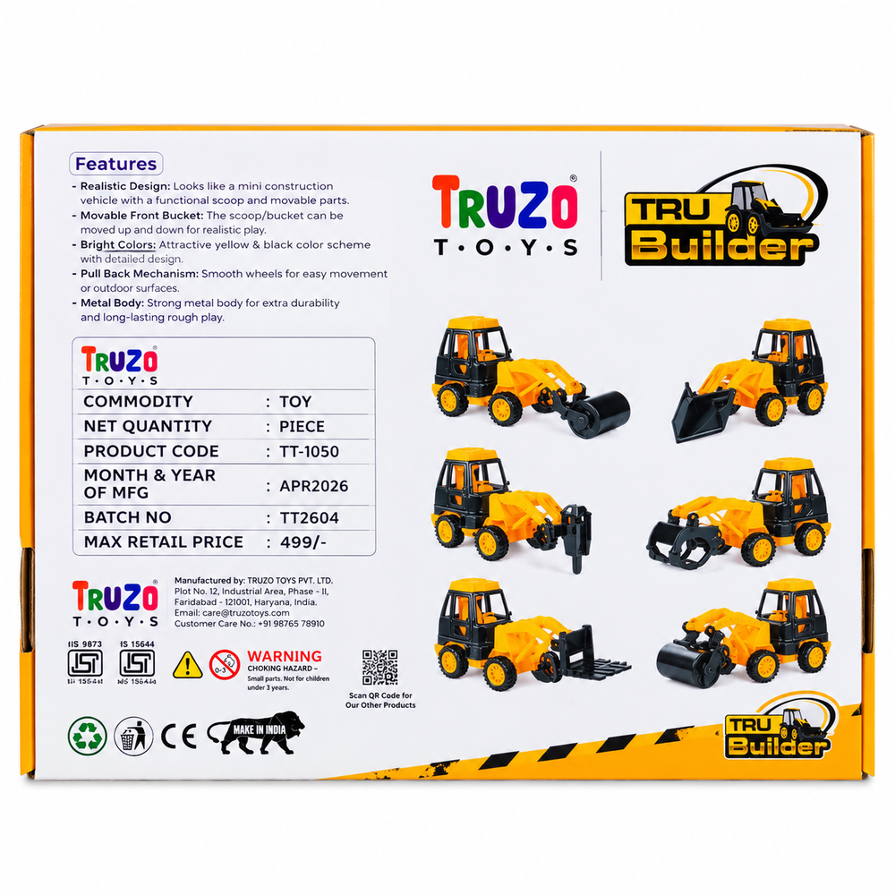 Truzo Tru Builder Construction Loader Toy | Pull-Back Body Vehicle with 6 Attachments