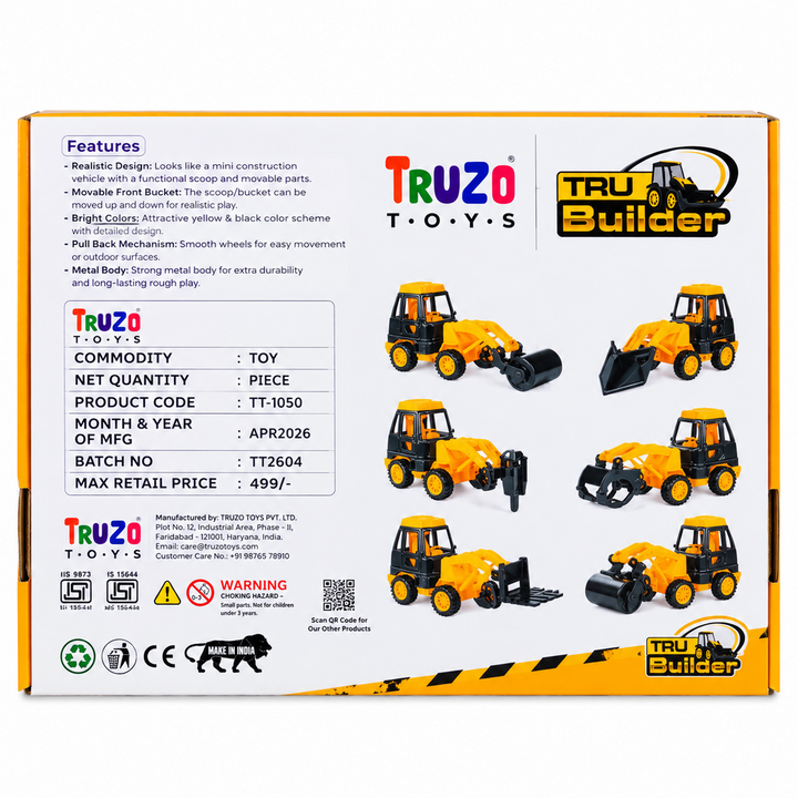 Truzo Tru Builder Construction Loader Toy | Pull-Back Body Vehicle with 6 Attachments