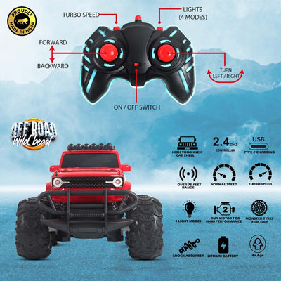 Veva Toys Off Roader Rechargeable Remote Control Monster Truck with 2 Speeds and 4 Headlight Modes | Lithium Battery | C-Type Charging | Remote Control Car for Kids | Made in India, Red