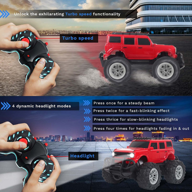 Veva Toys Off Roader Rechargeable Remote Control Monster Truck with 2 Speeds and 4 Headlight Modes | Lithium Battery | C-Type Charging | Remote Control Car for Kids | Made in India, Red