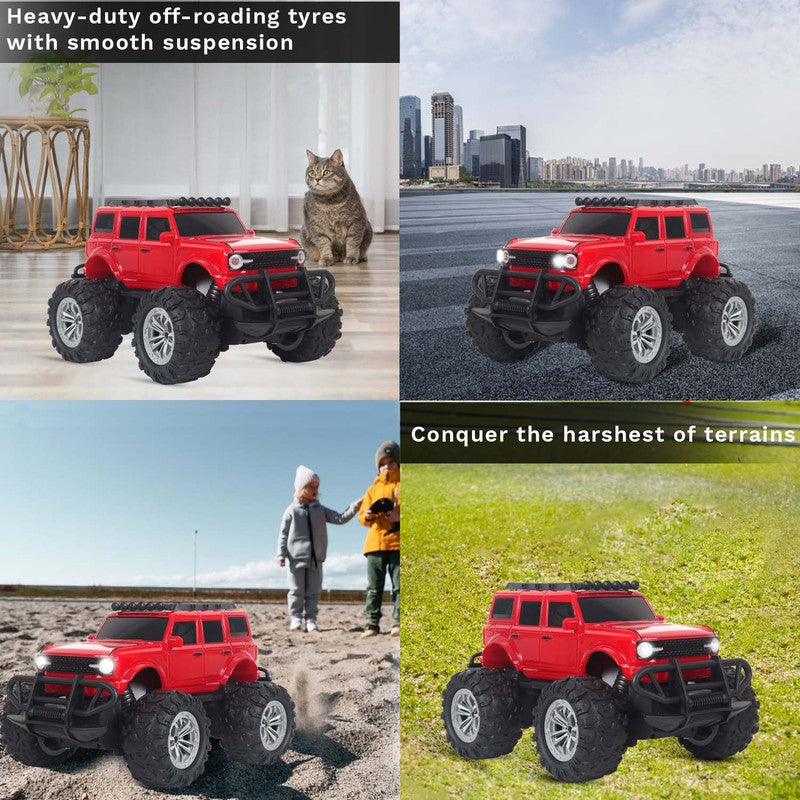 Veva Toys Off Roader Rechargeable Remote Control Monster Truck with 2 Speeds and 4 Headlight Modes | Lithium Battery | C-Type Charging | Remote Control Car for Kids | Made in India, Red