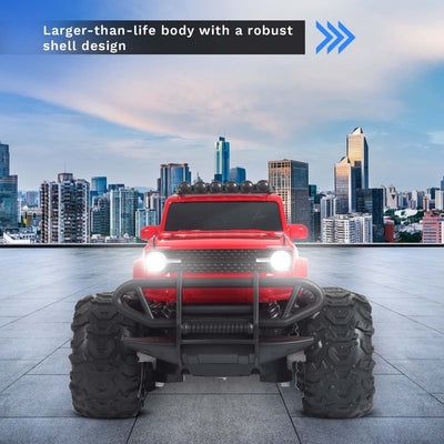 Veva Toys Off Roader Rechargeable Remote Control Monster Truck with 2 Speeds and 4 Headlight Modes | Lithium Battery | C-Type Charging | Remote Control Car for Kids | Made in India, Red