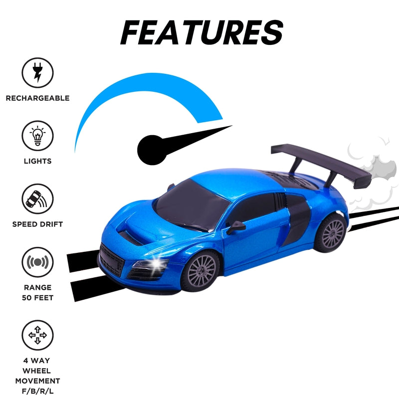 Rechargeable High Speed Remote Control Mini Car Resembling Audi with Lithium Battery for Kids (Scale 1:24) - Blue