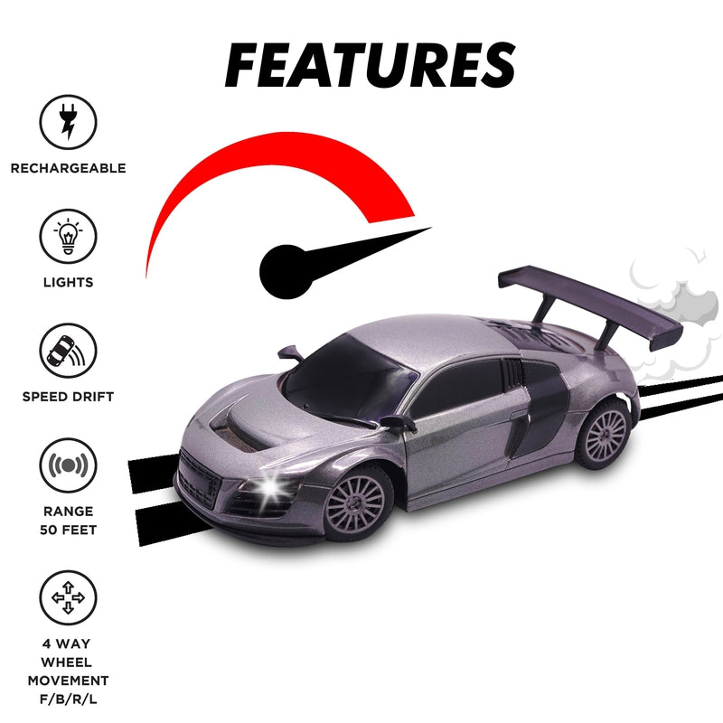 Rechargeable High Speed Remote Control Mini Car Resembling Audi with Lithium Battery for Kids (Scale 1:24) - Grey