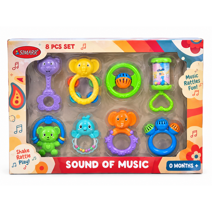 SIMARR Sound of Music 8-Piece Baby Rattle Set | Colourful Animal & Musical Rattles | Sensory Development Toys for Infants