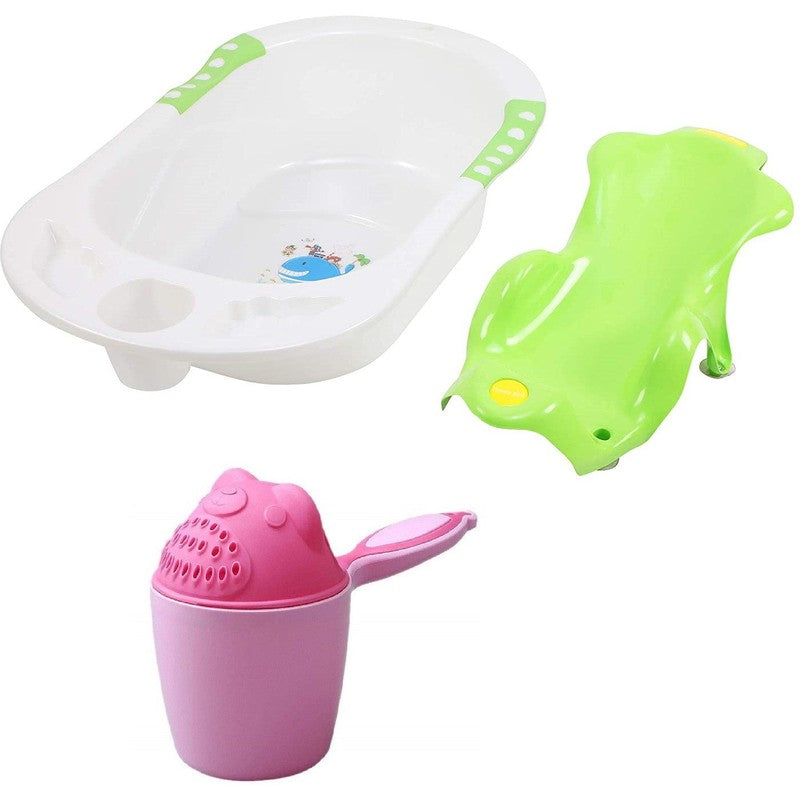 Baby Bather Set | Bath Tub with Toddler Sling Seat and Shampoo Mug (Green)