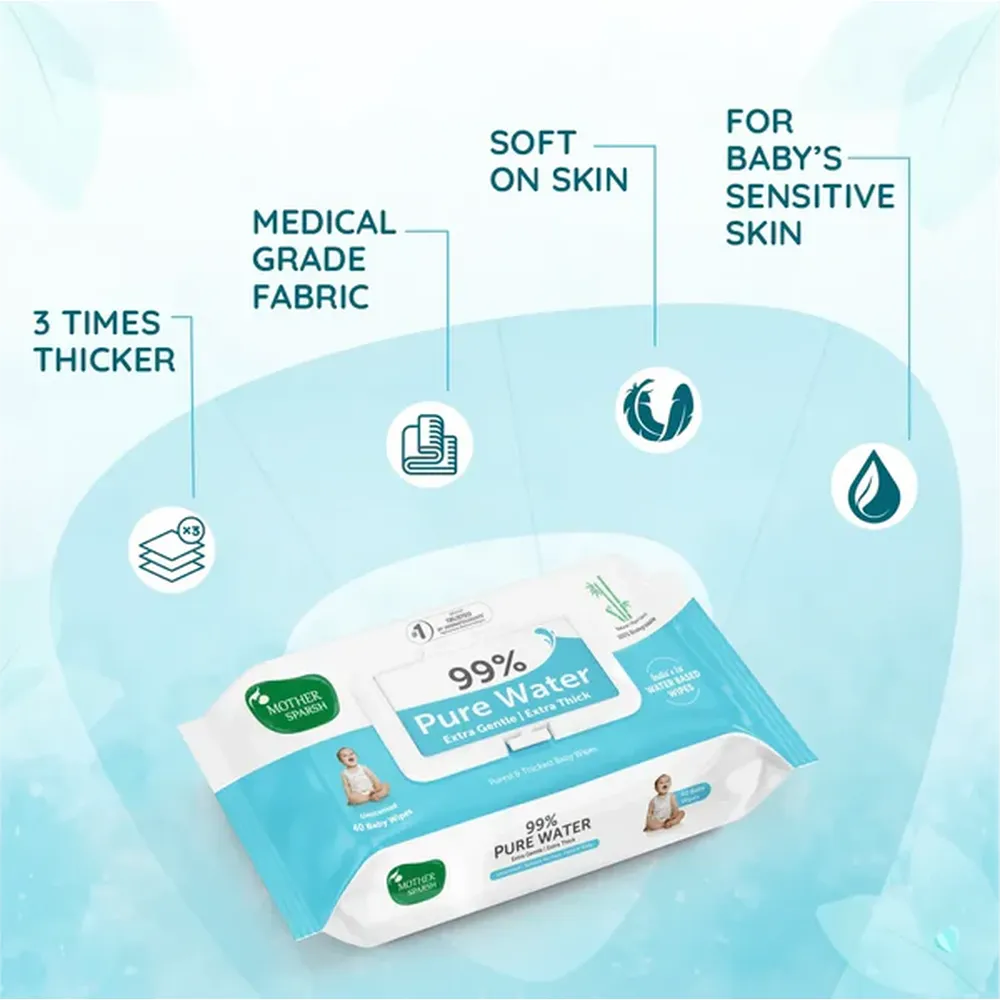 Mother Sparsh 99% Pure Water Unscented Baby Wipes | Extra Gentle | Extra Thick | Pack of 2 (72 Pieces each)