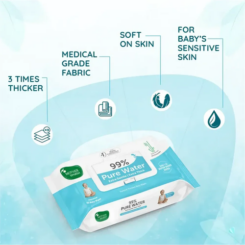 Mother Sparsh 99% Pure Water Unscented Baby Wipes | Extra Gentle | Extra Thick | Pack of 2 (72 Pieces each)