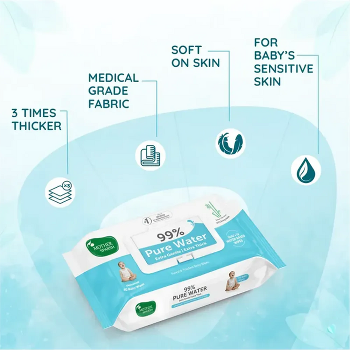 Mother Sparsh 99% Pure Water Unscented Baby Wipes | Extra Gentle | Extra Thick | Pack of 2 (72 Pieces each)