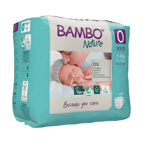 Bambo Nature (Size-0, XXS) Diapers | 24 Diapers | 1-3 Kg | 2-7 lbs