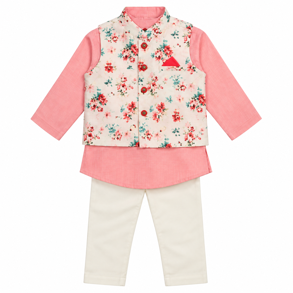 Saka Designs Boys Peach Floral Printed Satin Jacket with Kurta & Pyjama Set | Traditional Ethnic Wear | Festive & Wedding Outfit