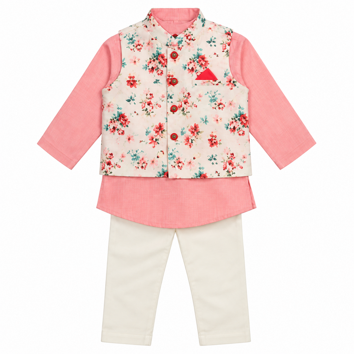 Saka Designs Boys Peach Floral Printed Satin Jacket with Kurta & Pyjama Set | Traditional Ethnic Wear | Festive & Wedding Outfit